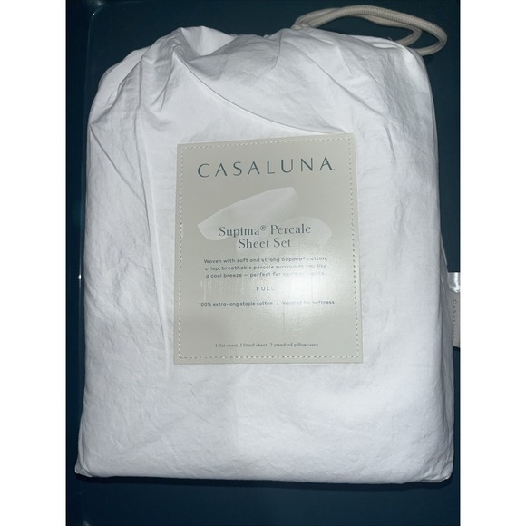 Casaluna Full Size Washed Supima Cotton Percale Solid White 4 Pc Sheet Set - Picture 1 of 2